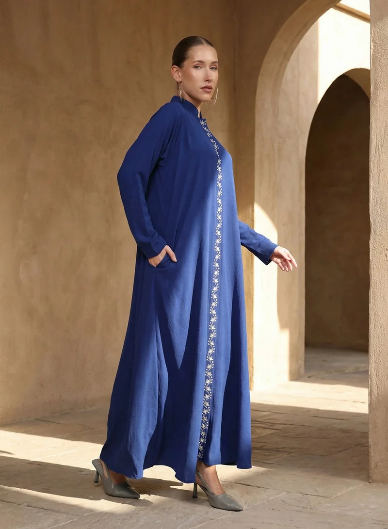 ISHIN  Royal Blue thread embroidered Abaya with Hijab  | Best Price UAE
